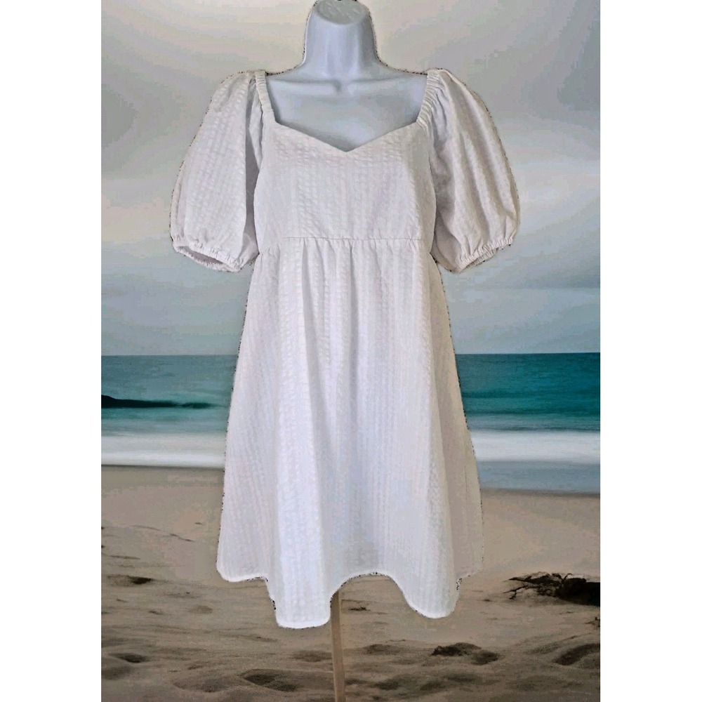 Old Navy Babydoll Dress M White Puff Sleeve Lined Seersucker All Day Mini Pocket